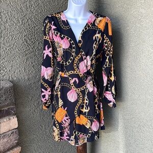 No.017 Vibrant Pink and Orange romper  with cold shoulder puff Sleeves SZ large